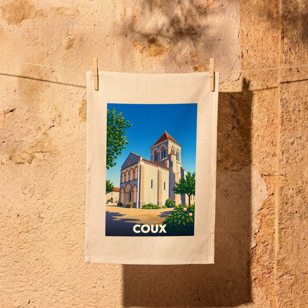 Torchon souvenir de la ville de Coux avec une illustration stylisée d'une église sous un ciel bleu.