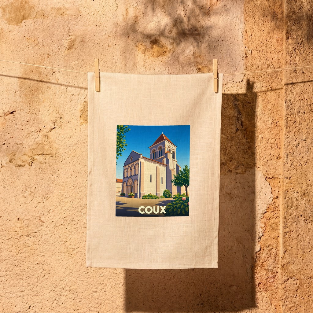 Torchon souvenir de la ville de Coux avec une illustration stylisée d'une église sous un ciel bleu.