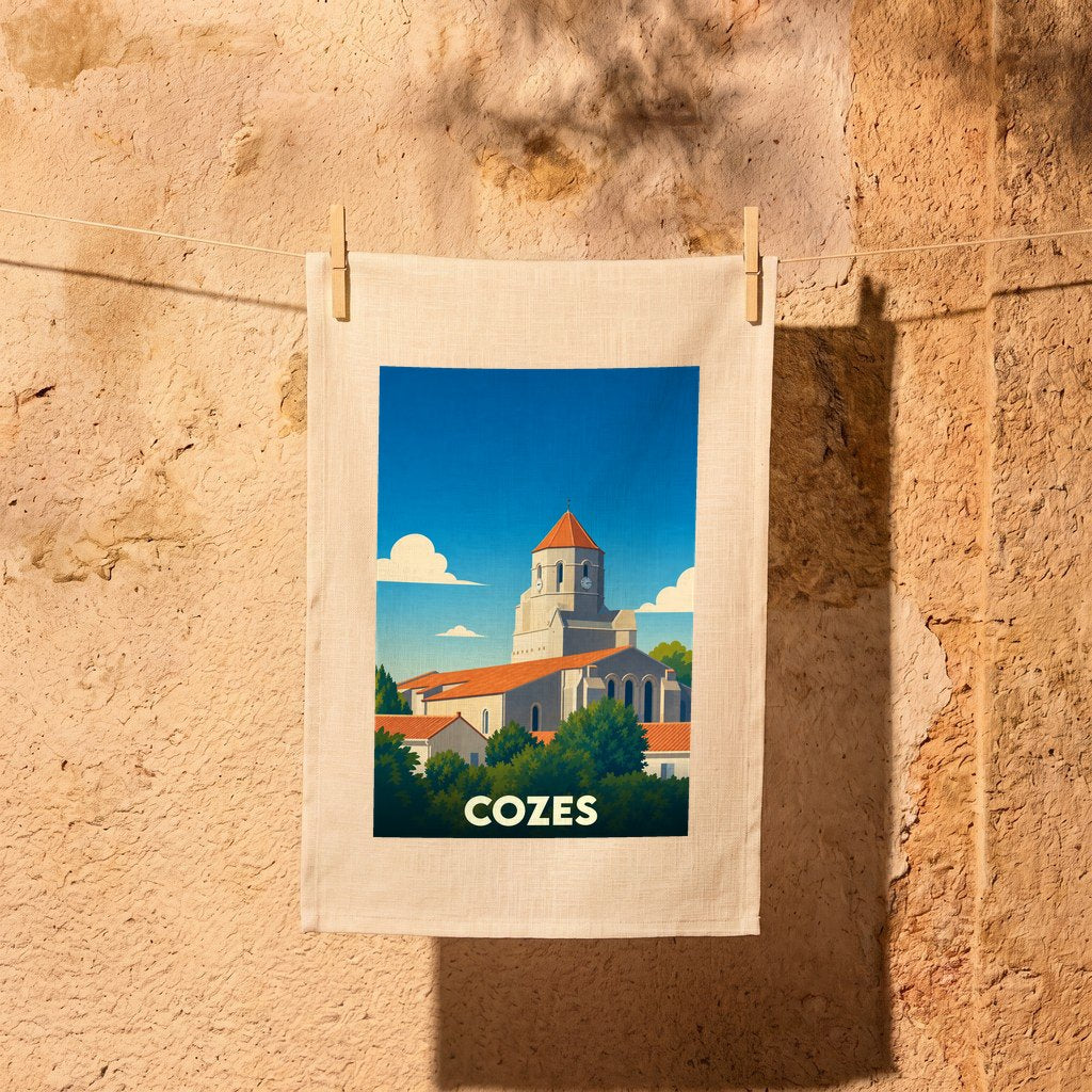 Torchon souvenir de la ville de Cozes orné d'une illustration stylisée de son église sous un ciel bleu.