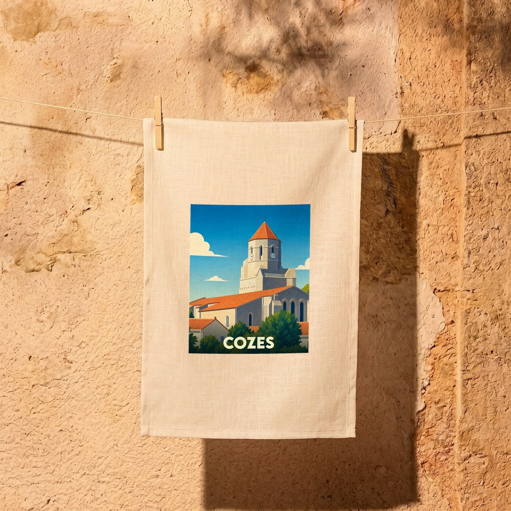 Torchon souvenir de la ville de Cozes orné d'une illustration stylisée de son église sous un ciel bleu.