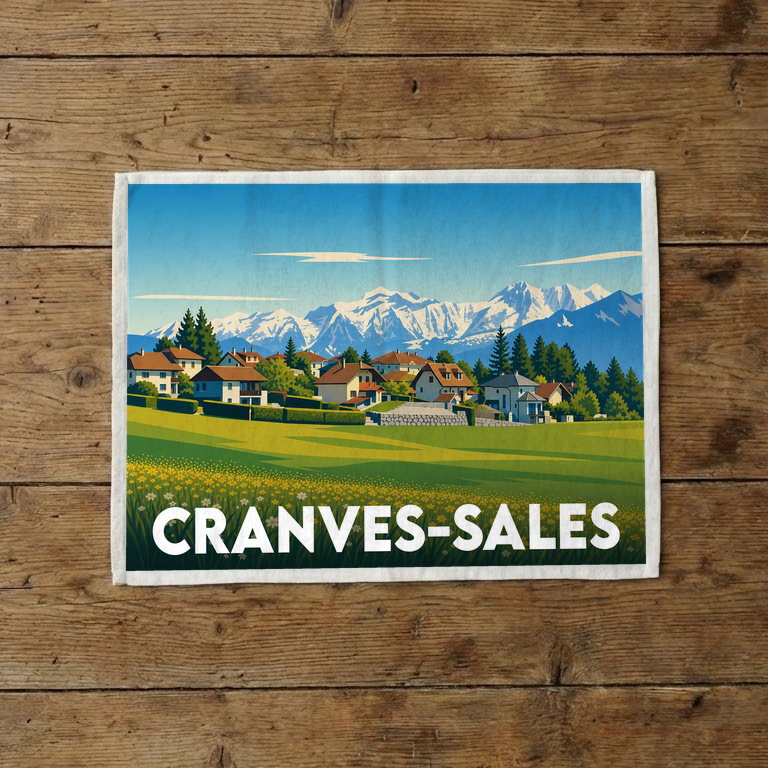 Torchon souvenir de la ville de Cranves-Sales illustré d'un paysage alpin stylisé.