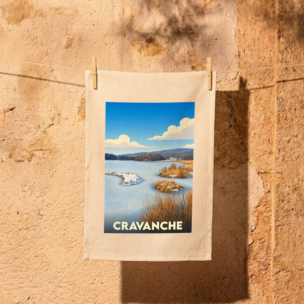 Torchon souvenir de la ville de Cravanche avec une illustration stylisée de son paysage.