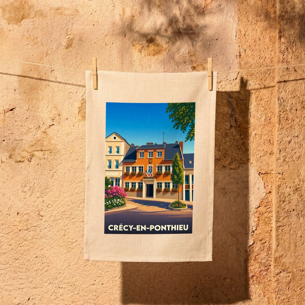 Torchon de cuisine souvenir de la ville de Crécy-en-Ponthieu illustré par une vue stylisée de son architecture.