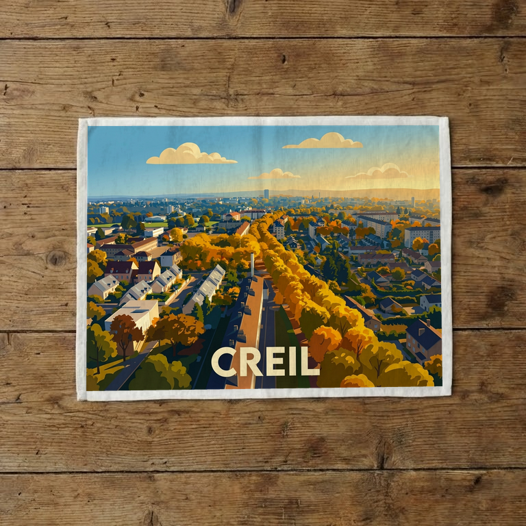 Torchon souvenir de la ville de Creil avec une illustration stylisée de son paysage urbain automnal.