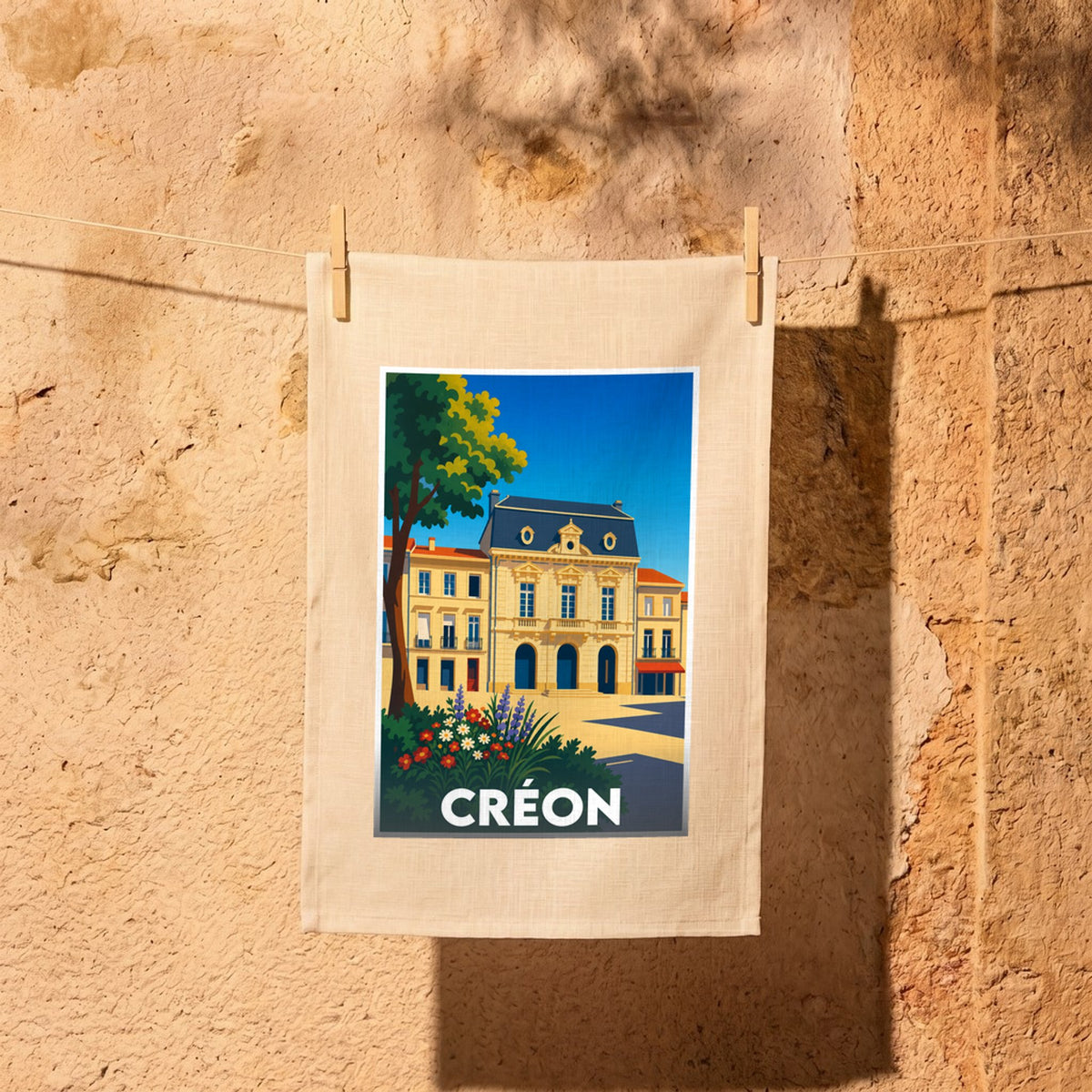 Torchon souvenir de la ville de Créon avec une illustration stylisée de son architecture.