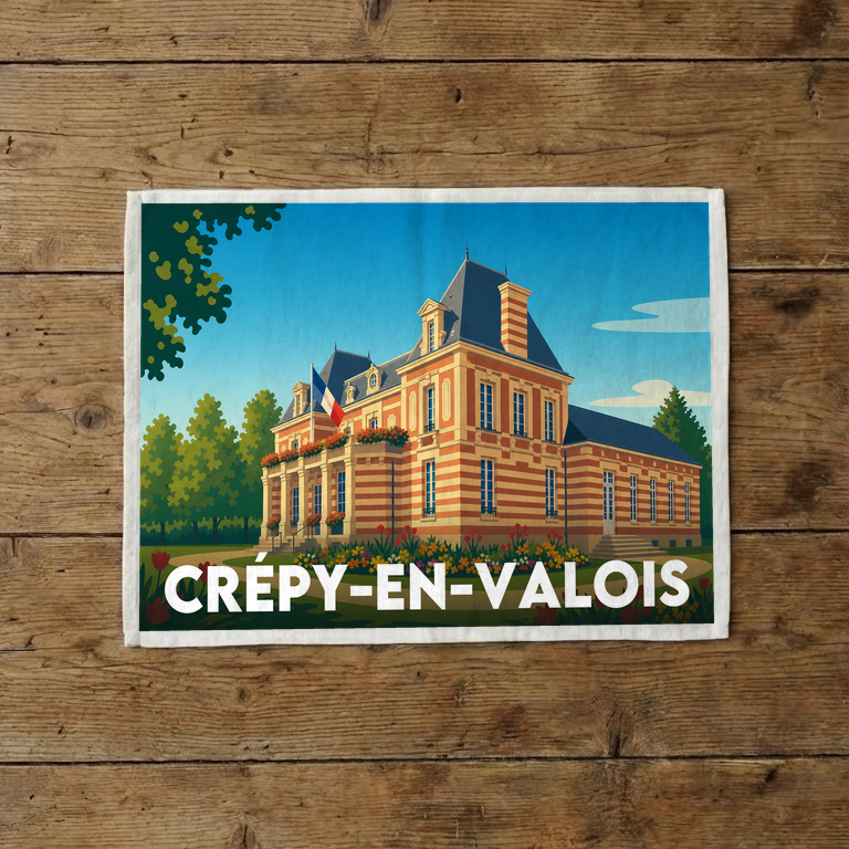 Torchon souvenir de la ville de Crépy-en-Valois avec une illustration stylisée d'un bâtiment historique.