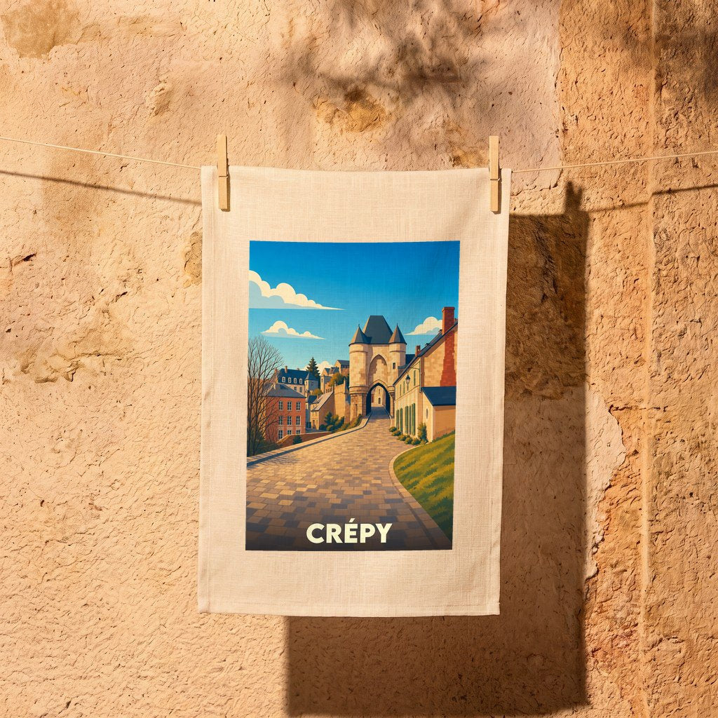Torchon souvenir de la ville de Crépy orné d'une illustration stylisée de ses remparts médiévaux.