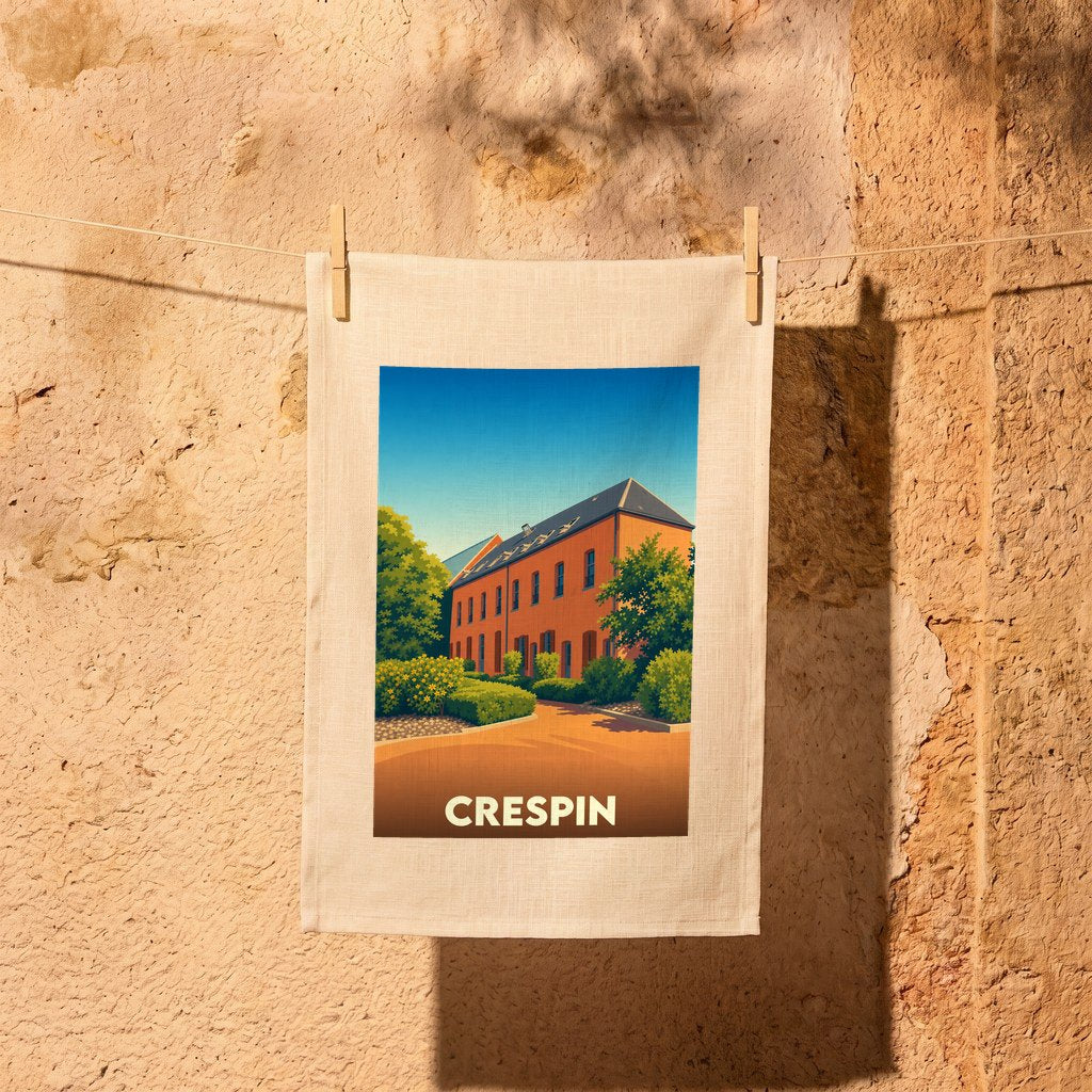 Torchon souvenir de la ville de Crespin avec une illustration stylisée d'un bâtiment en briques.