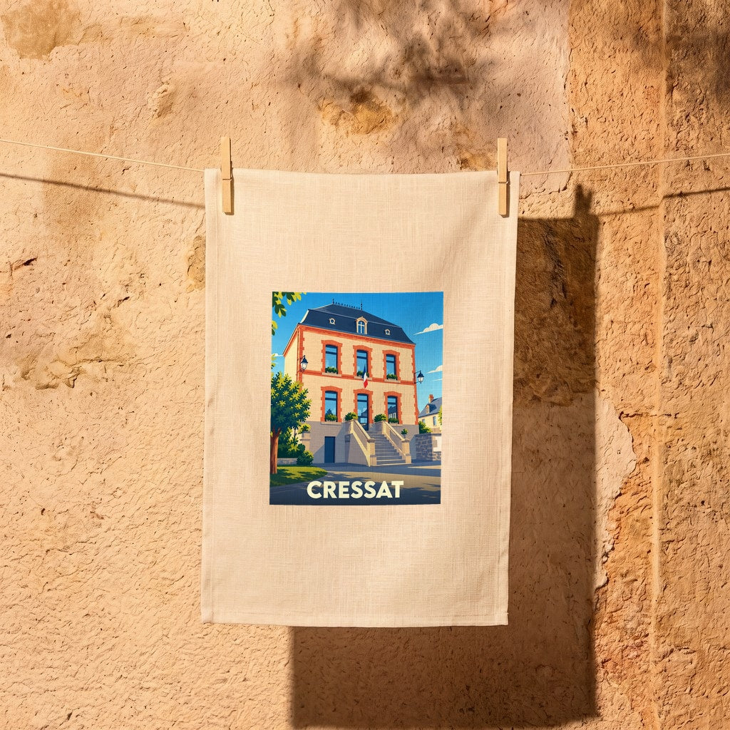 Torchon souvenir de la ville de Cressat orné d'une illustration stylisée de sa mairie.