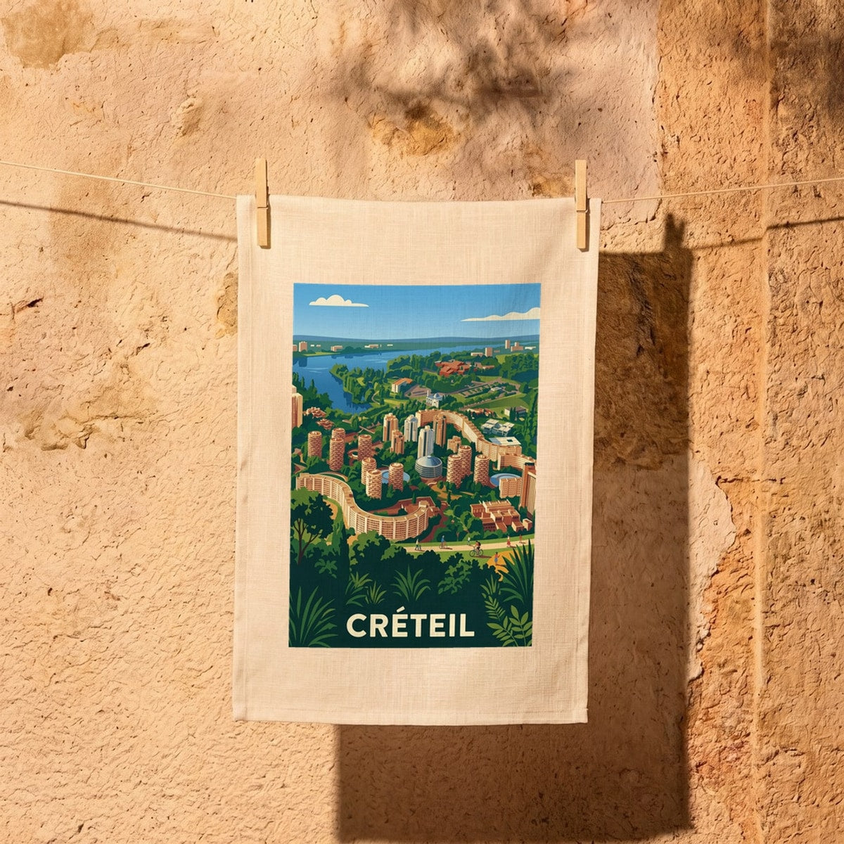 Torchon souvenir de la ville de Créteil avec une illustration stylisée de son paysage urbain emblématique.
