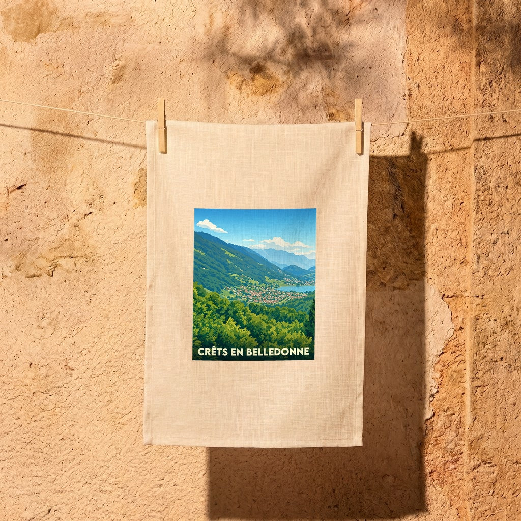 Torchon souvenir de la ville de Crêts en Belledonne avec une illustration paysagère stylisée.