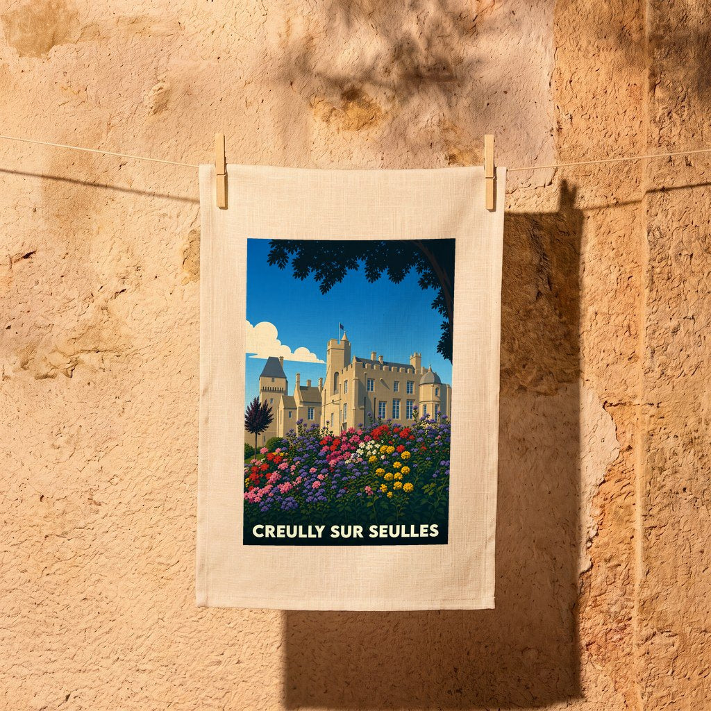 Torchon souvenir de la ville de Creully sur Seulles avec une illustration stylisée d'un château fleuri.