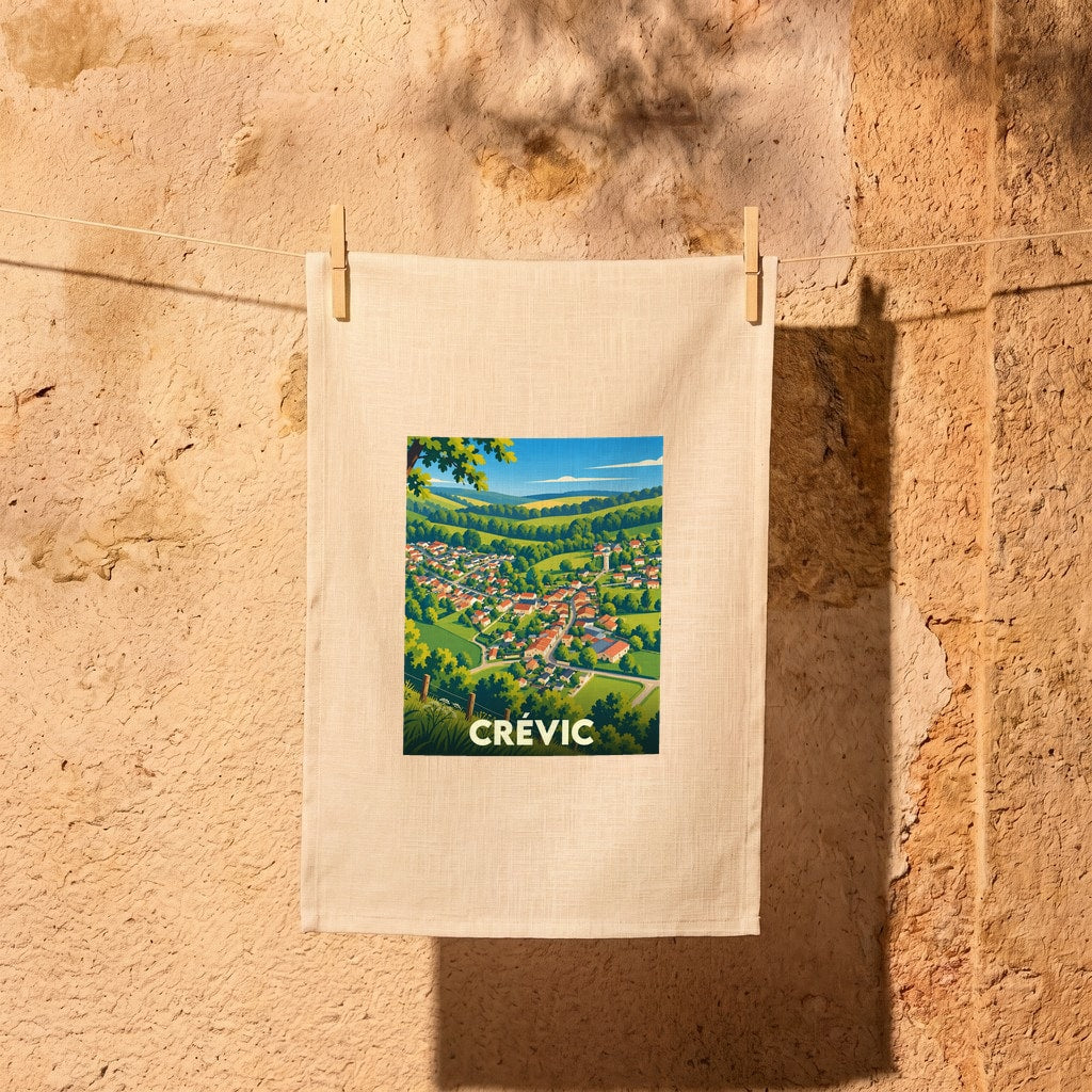 Torchon souvenir de la ville de Crévic avec une illustration stylisée d'un paysage vallonné.