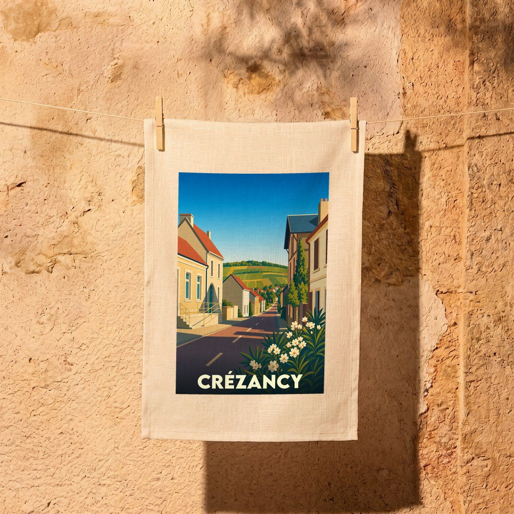 Torchon souvenir de la ville de Crézancy illustré d'un paysage urbain stylisé.