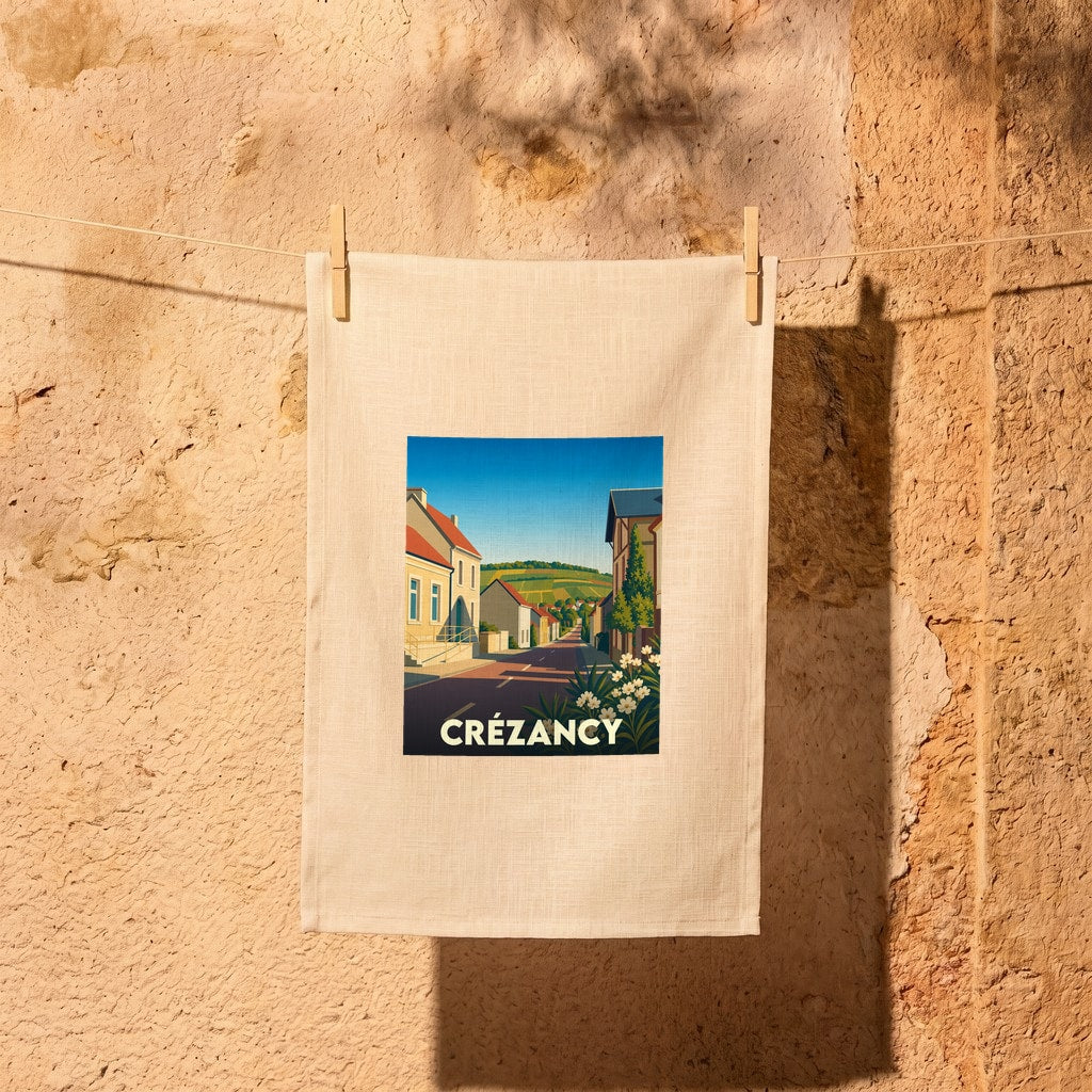 Torchon souvenir de la ville de Crézancy illustré d'un paysage urbain stylisé.