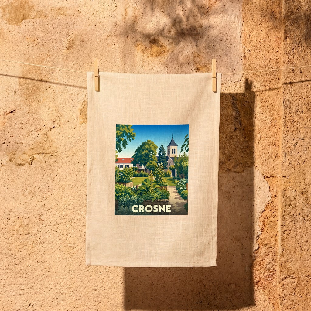 Torchon souvenir de la ville de Crosne avec une illustration stylisée représentant son église et ses jardins.