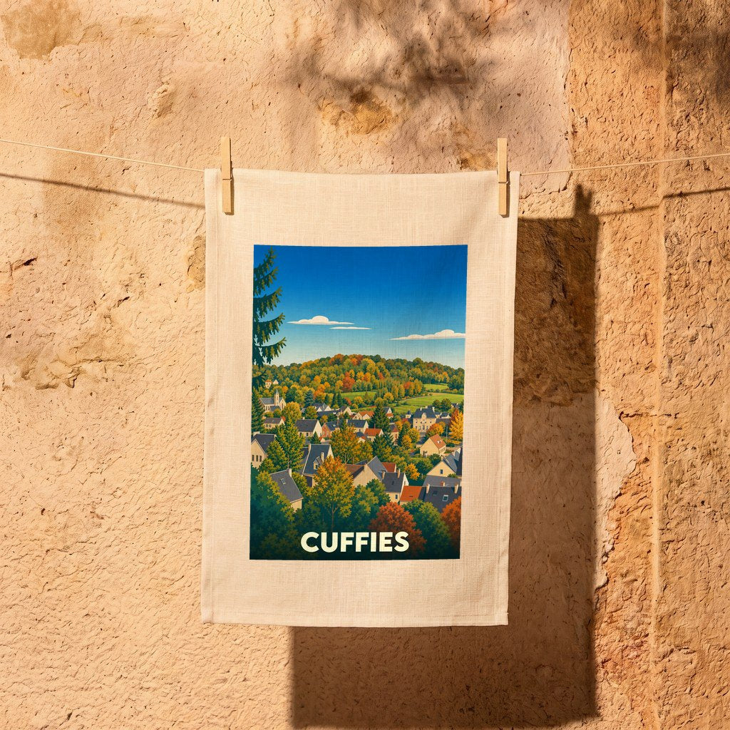 Torchon souvenir de la ville de Cuffies orné d'une illustration paysagère stylisée.