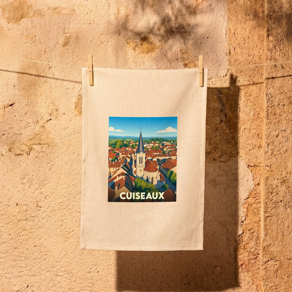 Torchon souvenir de la ville de Cuiseaux illustré d'une vue aérienne stylisée du village et de son église.