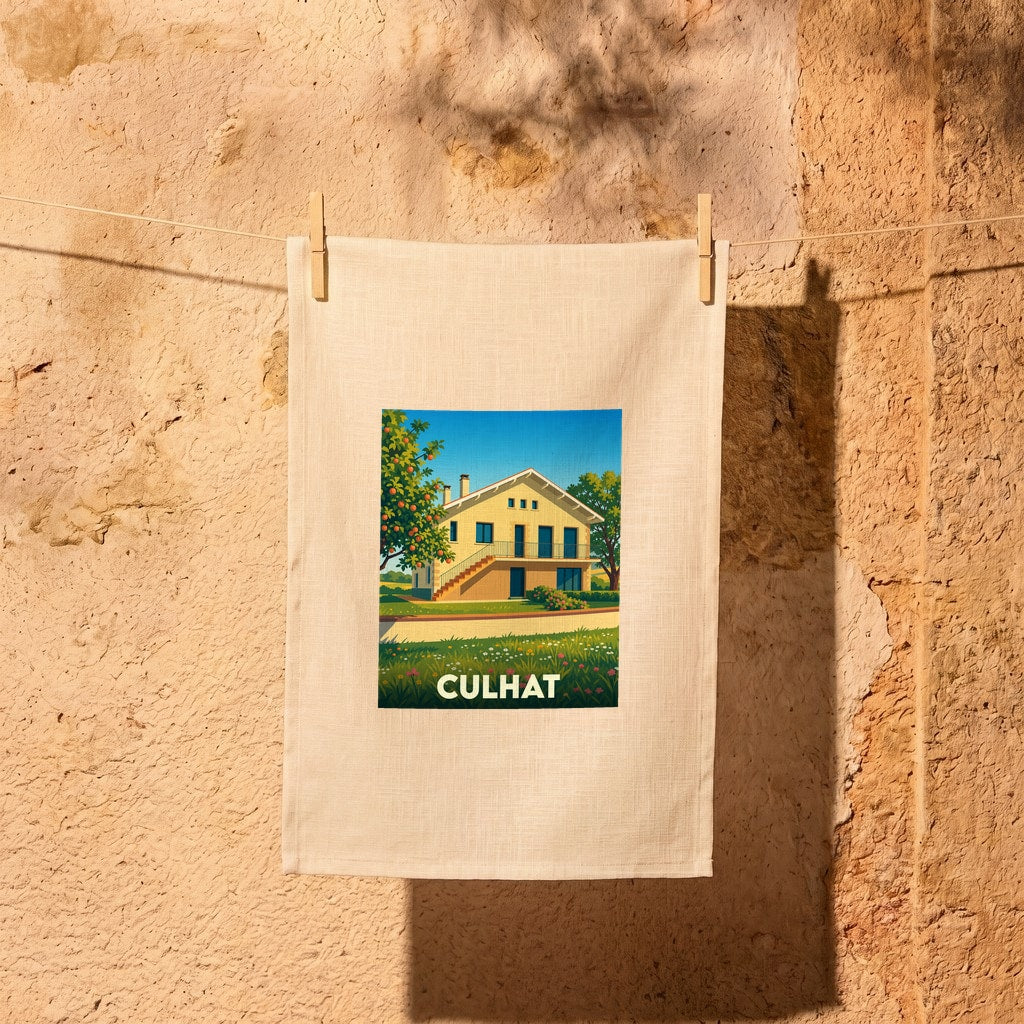 Torchon souvenir de la ville de Culhat orné d'une illustration stylisée d'une maison de campagne.