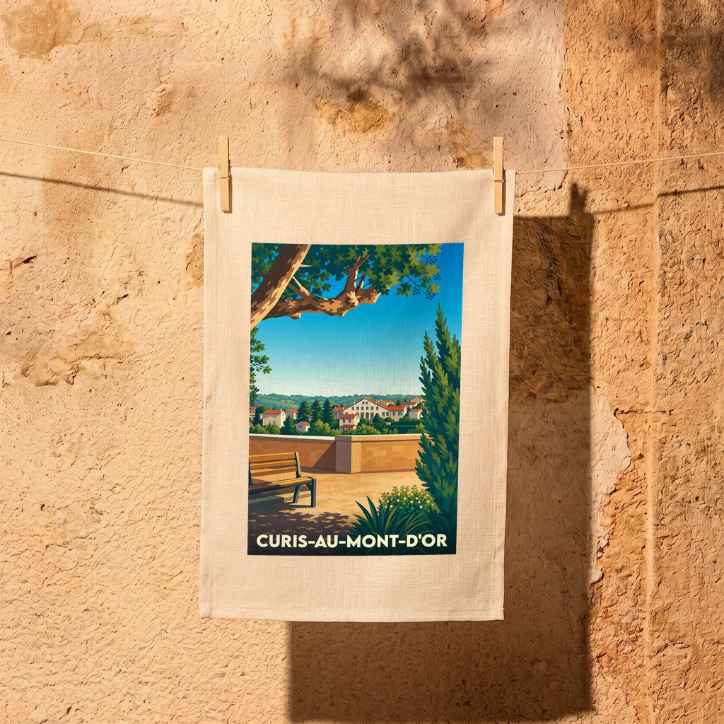 Torchon souvenir de la ville de Curis-au-Mont-d'Or avec une illustration stylisée.