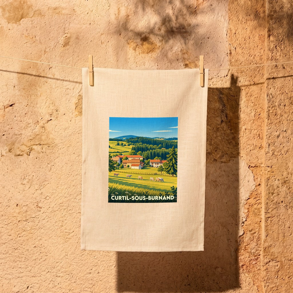 Torchon de cuisine en lin avec une illustration paysagère stylisée de la commune de Curtil-sous-Burnand.
