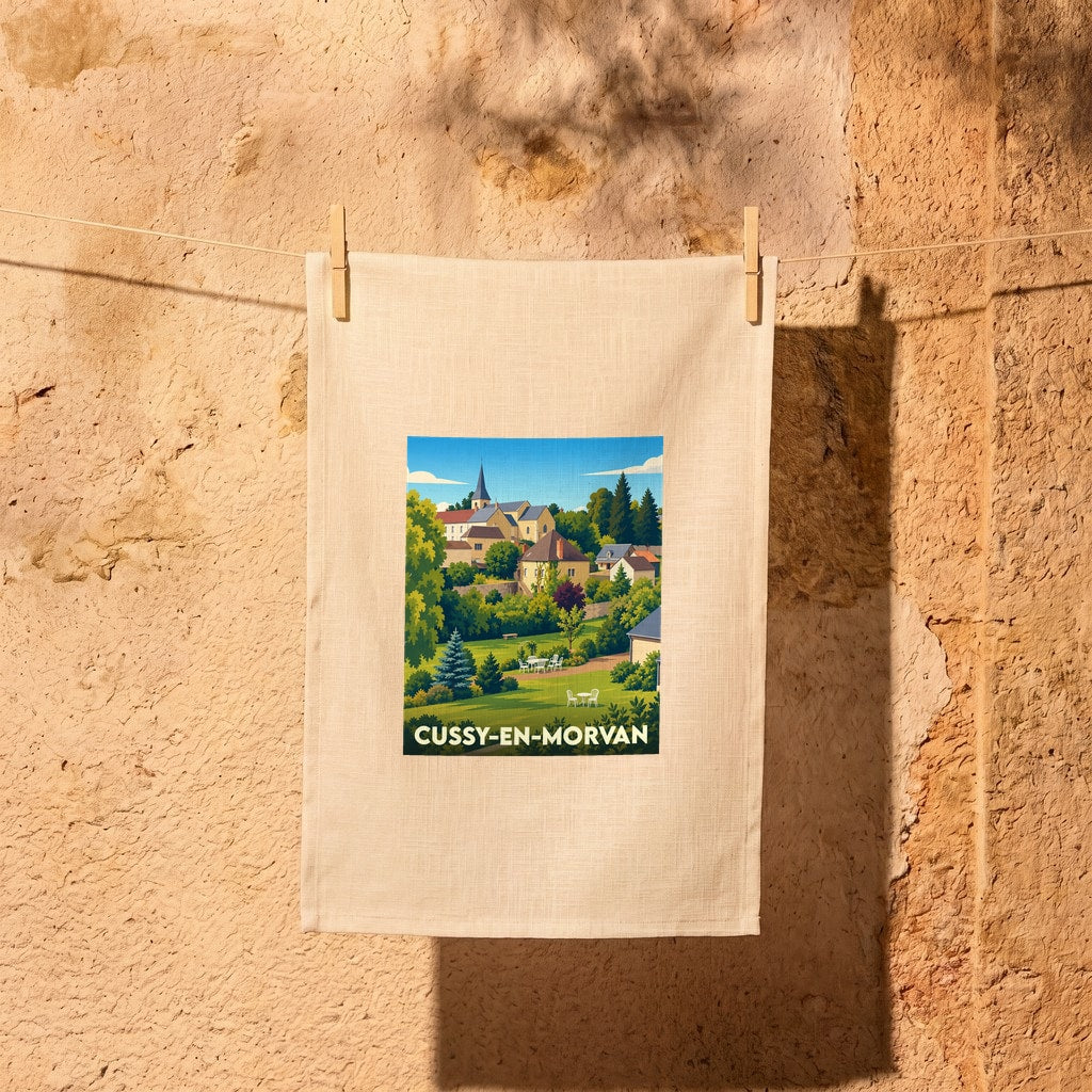 Torchon souvenir de la ville de Cussy-en-Morvan illustré par un paysage de village bucolique.