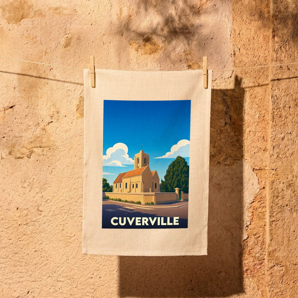 Torchon souvenir de la ville de Cuverville avec une illustration stylisée de son église.