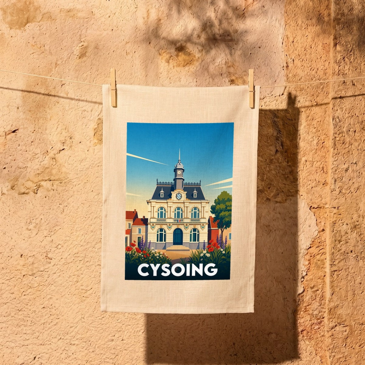 Torchon souvenir de la ville de Cysoing avec une illustration stylisée.