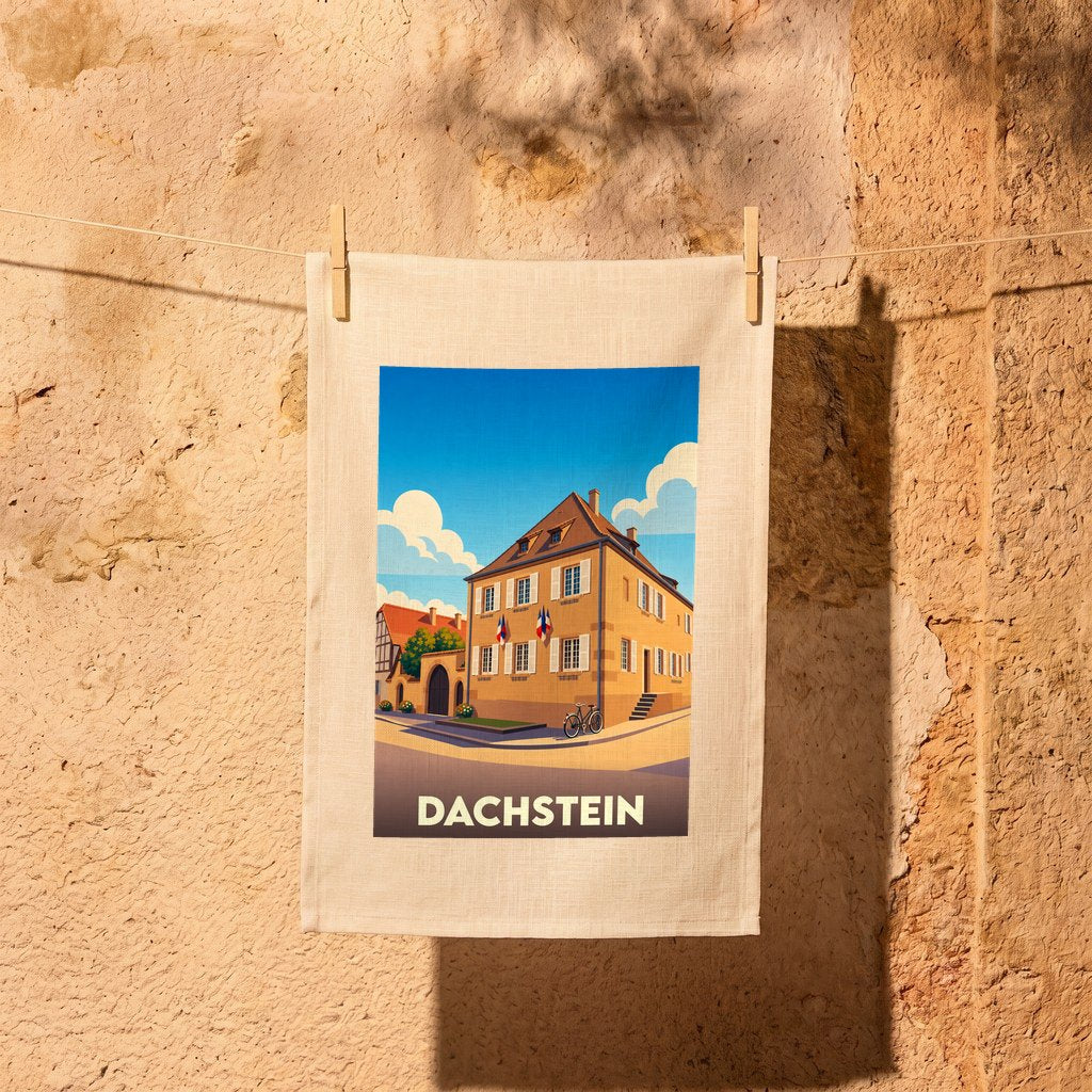 Torchon souvenir de la ville de Dachstein avec une illustration stylisée.