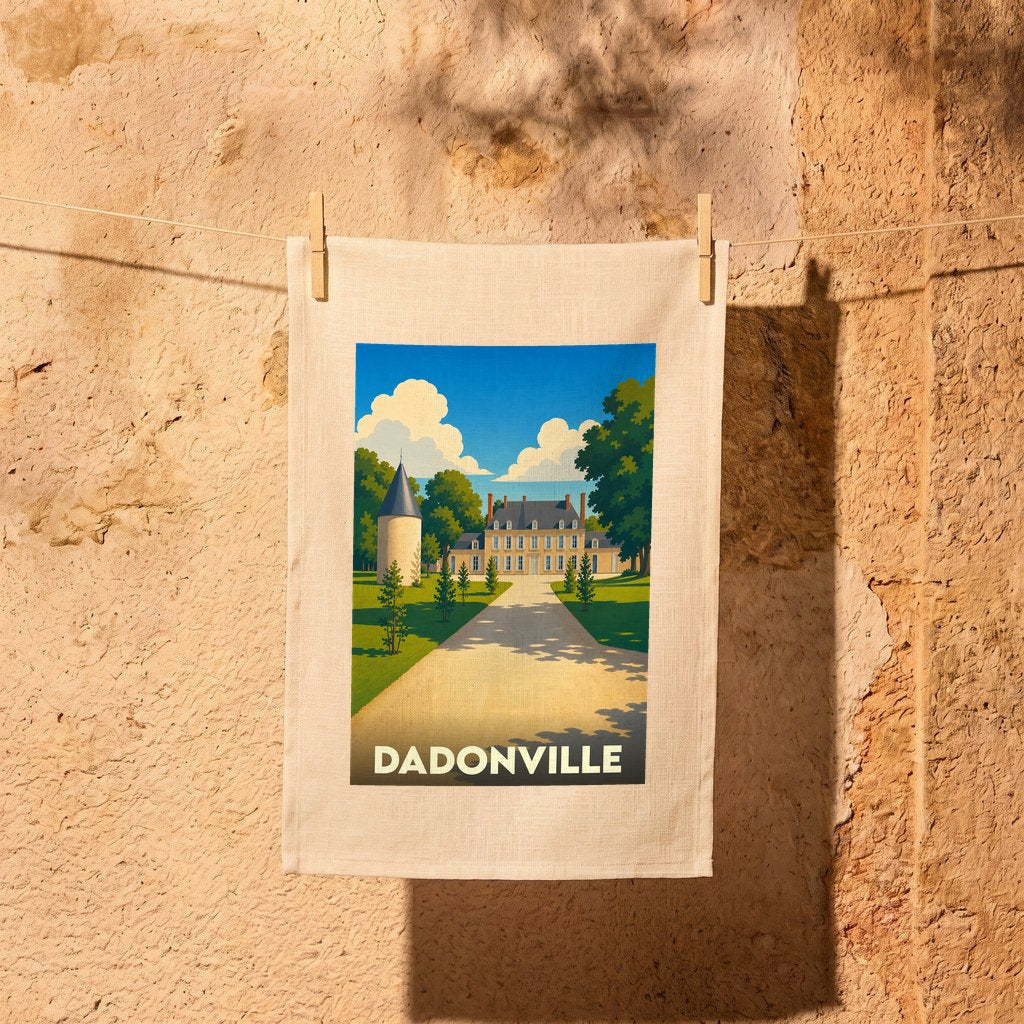 Torchon souvenir de la ville de Dadonville orné d'une illustration stylisée représentant un château.