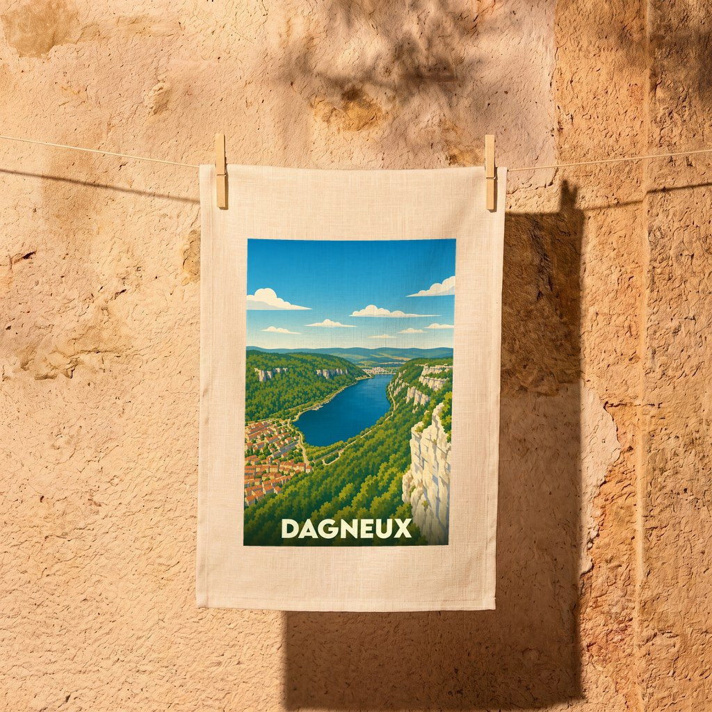 Torchon souvenir de la ville de Dagneux avec une illustration stylisée d'un paysage de rivière et de falaises.