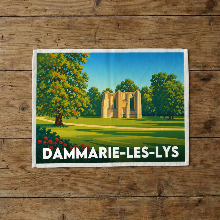 Torchon souvenir de la ville de Dammarie-les-Lys avec une illustration stylisée.