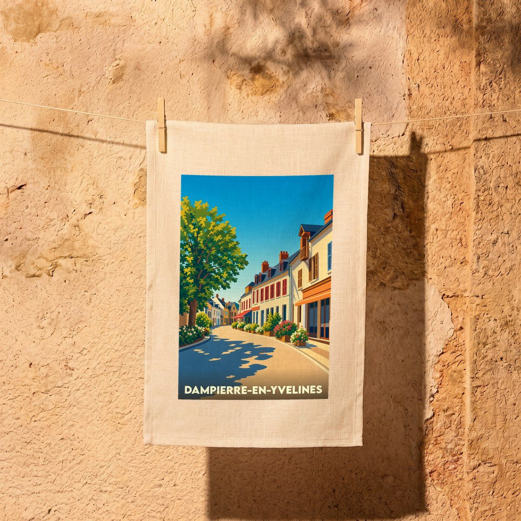 Torchon souvenir de la ville de Dampierre-en-Yvelines avec une illustration stylisée d'une rue fleurie et ensoleillée.