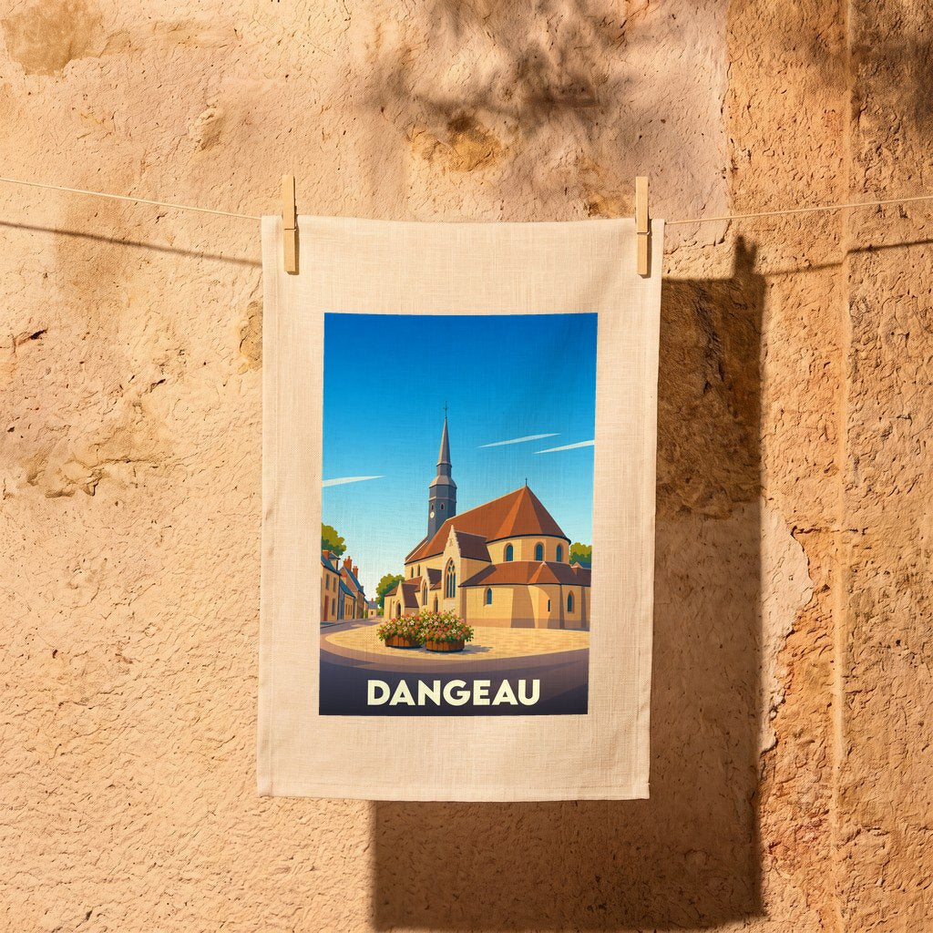 Torchon souvenir de la ville de Dangeau avec une illustration stylisée de son église.