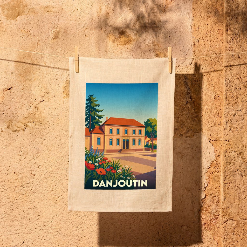 Torchon souvenir de la ville de Danjoutin avec une illustration stylisée d'un bâtiment emblématique.