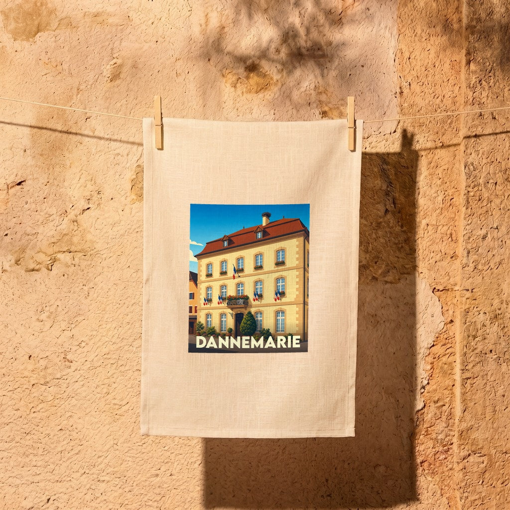 Torchon souvenir de la ville de Dannemarie illustré d'un dessin stylisé de son hôtel de ville.