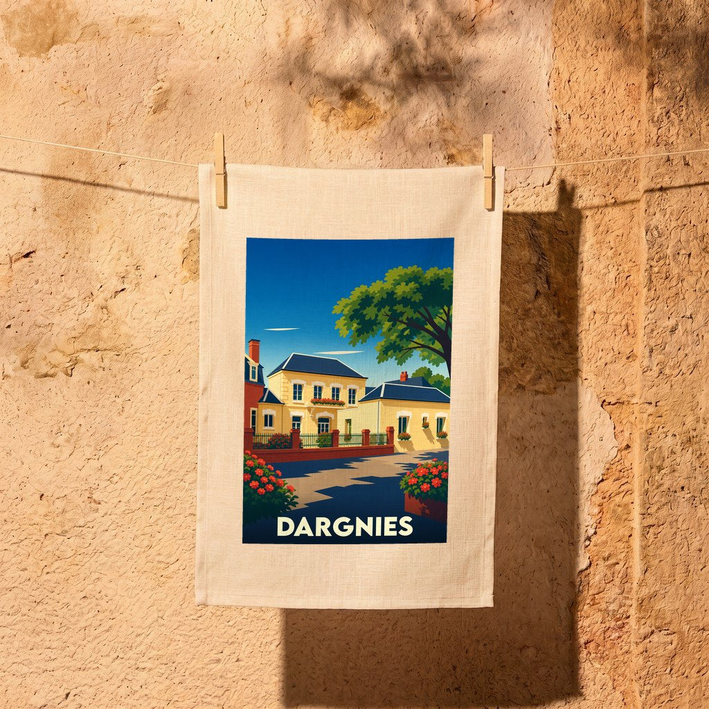 Torchon souvenir de la ville de Dargnies avec une illustration colorée et stylisée de maisons locales.