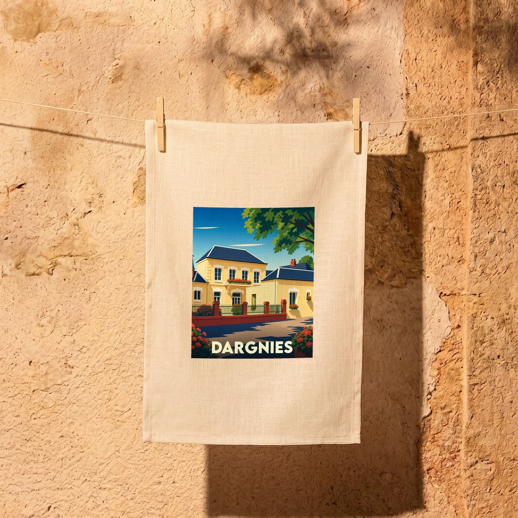 Torchon souvenir de la ville de Dargnies avec une illustration colorée et stylisée de maisons locales.