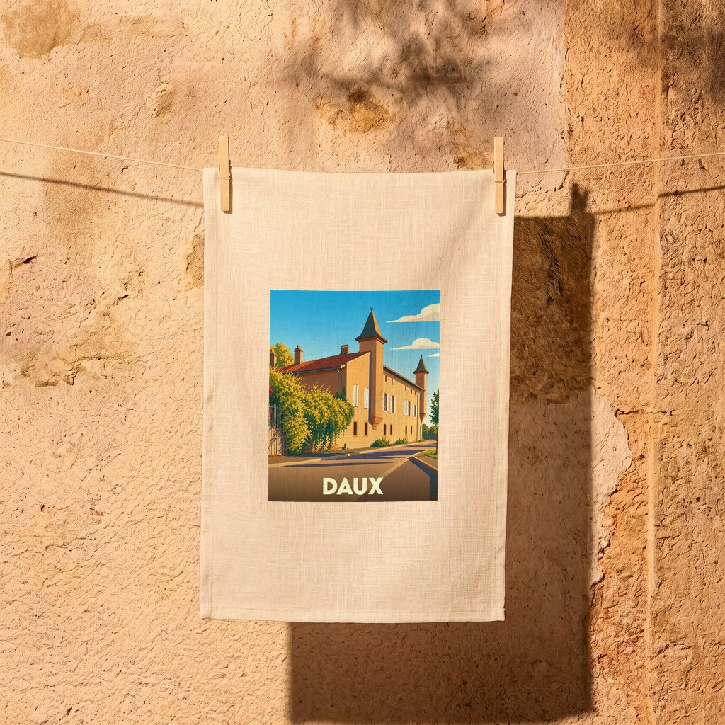 Torchon souvenir de la ville de Daux orné d'une illustration stylisée de son château.