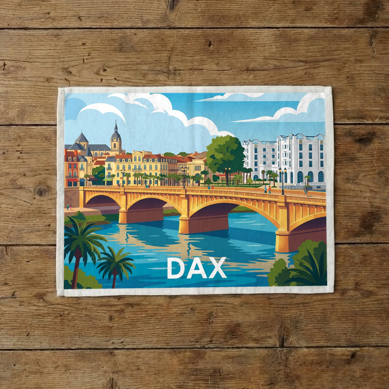 Torchon souvenir de la ville de Dax avec une illustration stylisée de son pont et de ses bâtiments.