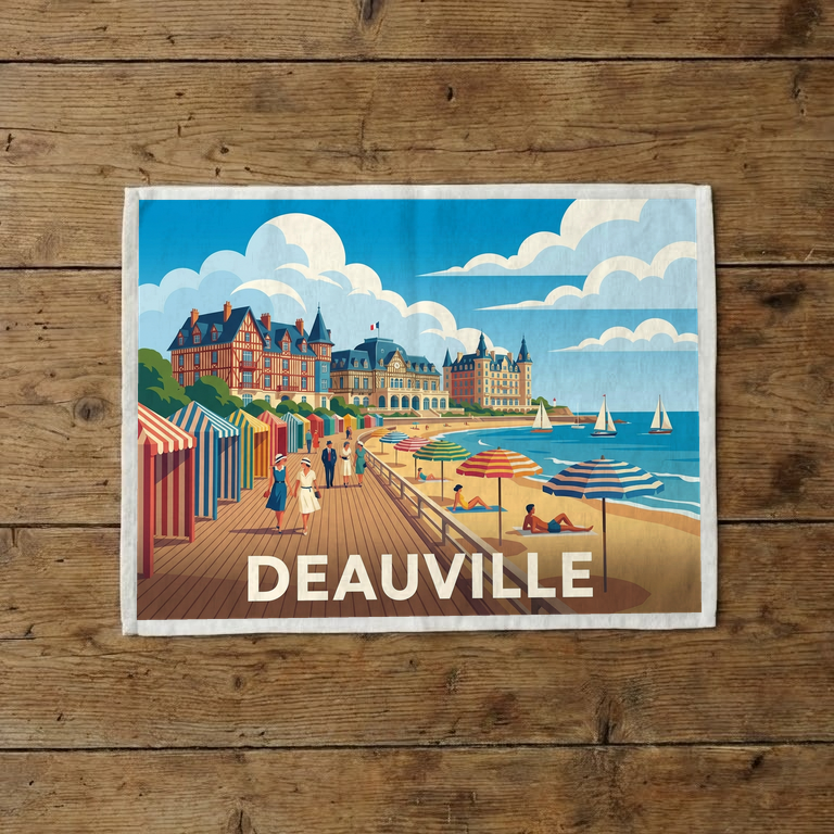 Torchon souvenir de la ville de Deauville avec une illustration stylisée de son front de mer.