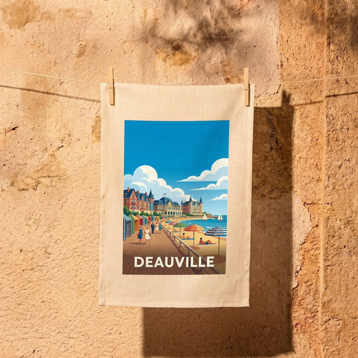 Torchon souvenir de la ville de Deauville avec une illustration stylisée de son front de mer.