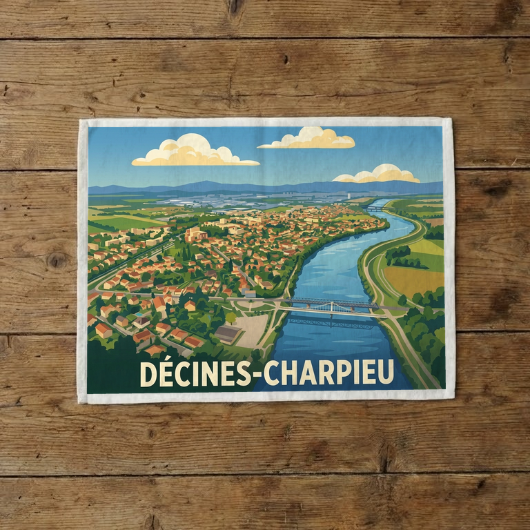 Torchon souvenir de la ville de Décines-Charpieu avec une illustration stylisée de son paysage urbain et fluvial.