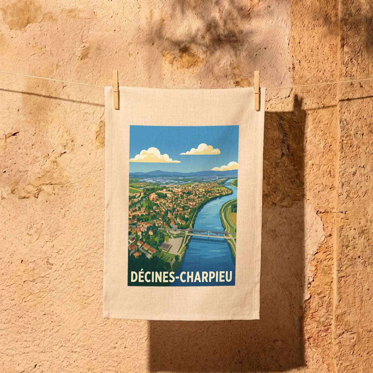 Torchon souvenir de la ville de Décines-Charpieu avec une illustration stylisée de son paysage urbain et fluvial.