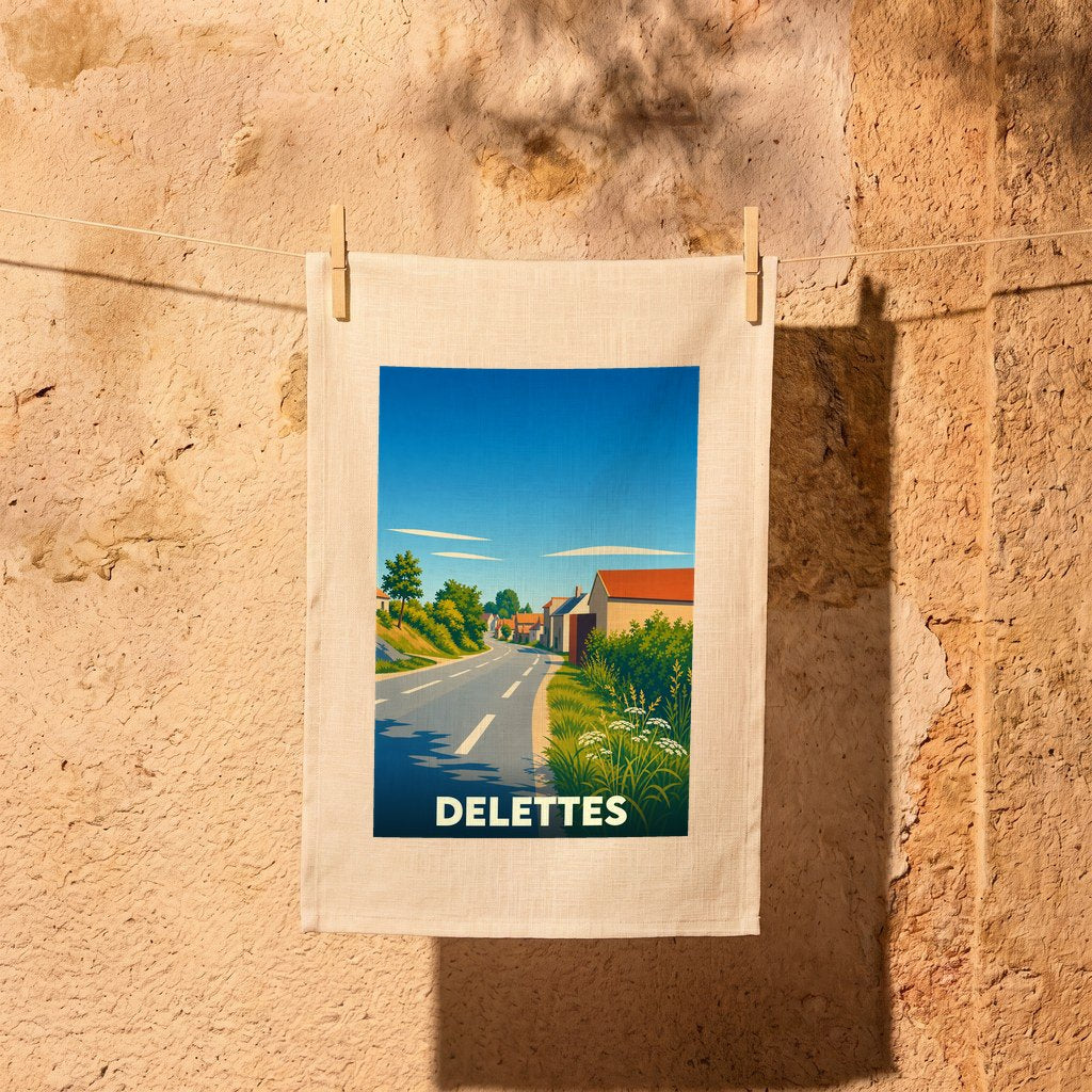 Torchon souvenir de la ville de Delettes illustré d'un paysage de campagne stylisé.