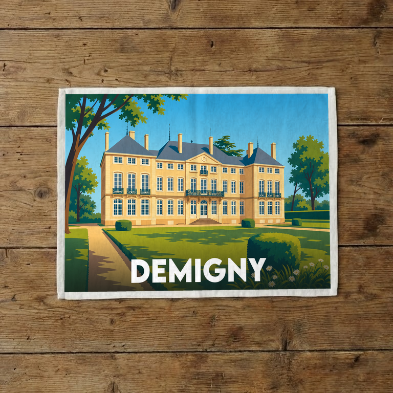 Torchon souvenir de la ville de Demigny avec une illustration stylisée de son château.