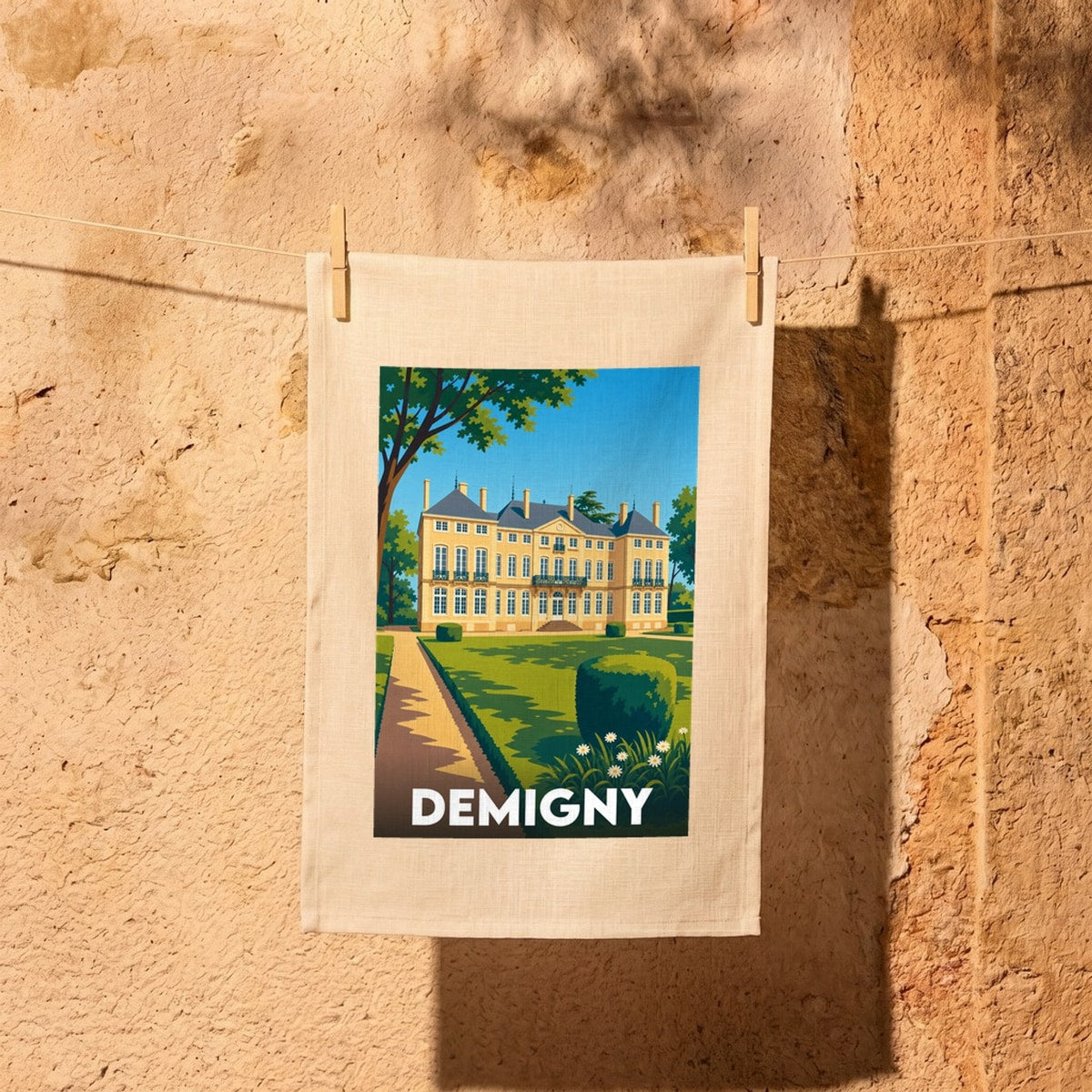 Torchon souvenir de la ville de Demigny avec une illustration stylisée de son château.