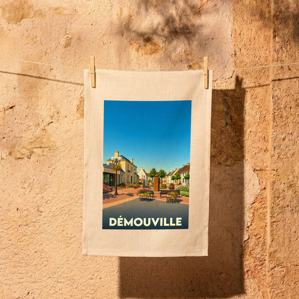 Torchon souvenir de la ville de Démouville avec une illustration stylisée.