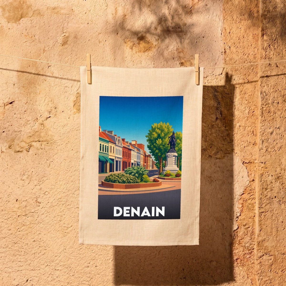 Torchon souvenir de la ville de Denain avec une illustration stylisée de bâtiments colorés et d'une statue.