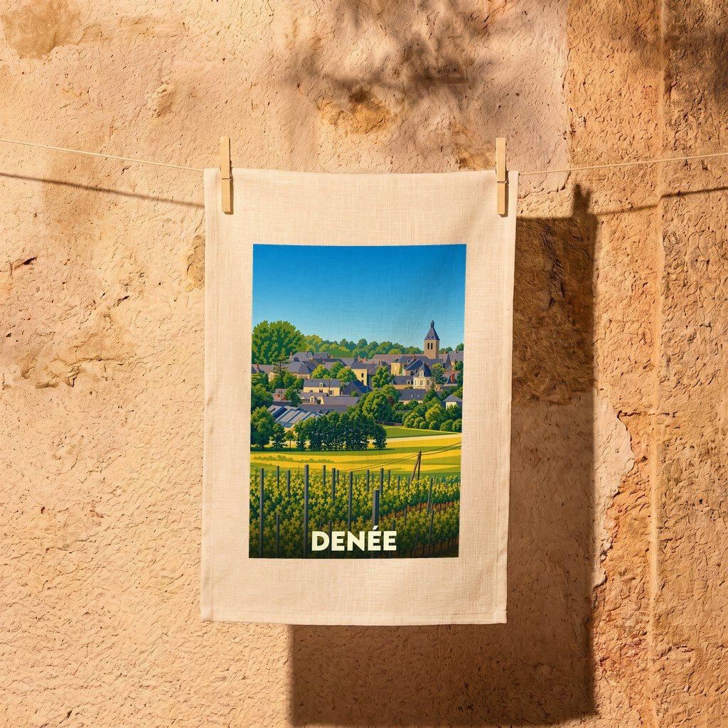 Torchon souvenir de la ville de Denée avec une illustration stylisée de son paysage urbain et de ses vignobles.